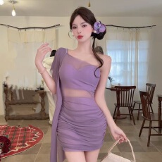 批发实拍法式单肩网纱拼接<b class='q'>连衣裙</b>女收腰显瘦褶皱包臀裙约会小礼裙