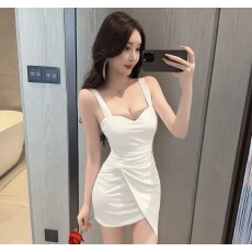 批发实拍法式吊带<b class='q'>连衣裙</b>女收腰显瘦不规则开叉包臀裙约会小礼裙