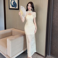 批发实拍改良版旗袍连衣裙女气质名媛风收腰<b class='q'>显瘦</b>长款开叉宴会礼服裙