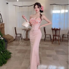 批发实拍甜美风蝴蝶结收腰抹胸裙女夏修身显瘦鱼尾裙约会派对包臀长裙