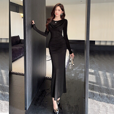 批发实拍设计感小众紧身连衣裙女长袖褶皱荡领<b class='q'>拖地</b>优雅宴会<b class='q'>长裙</b>