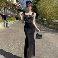 批发实拍法式宫廷风吊带长裙女修身显瘦网纱拼接亮片<b class='q'>刺绣</b>晚宴礼服裙