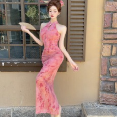 批发实拍国风新中式改良挂脖旗袍连衣裙女修身显瘦<b class='q'>复古</b>气质长款包臀裙