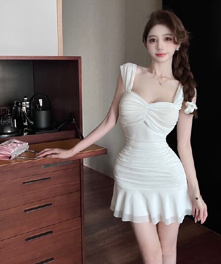 실사 프랑스식 광장 칼라 주름 여성 드레스 몸매 가꾸기 슬림해 보이는 프릴 미니 스커트 품격 명문 여성 타이트 스커트