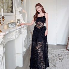 批发实拍性感暗黑蕾丝连衣裙女修身显瘦层叠荷叶边婚礼约会仙气<b class='q'>长裙</b>子