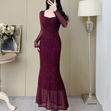 批发实拍高级感修身网纱长袖<b class='q'>连衣裙</b>女收腰显瘦鱼尾裙约会通勤长裙