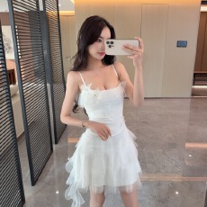 批发实拍仙女风吊带蓬蓬裙女刺绣网纱拼接修身包臀裙派对小裙子