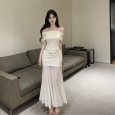 批发实拍 纯欲风一字肩褶皱网纱连衣裙修身显瘦晚宴约会礼服裙 送腰链