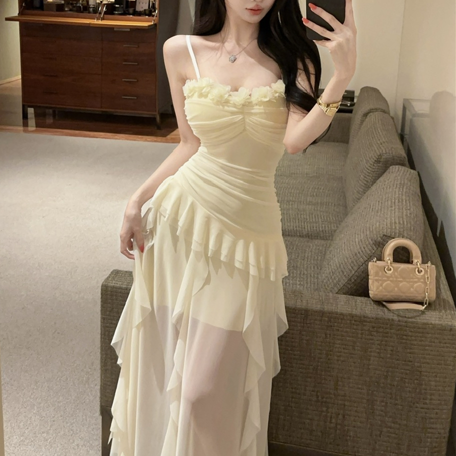 실사 순수한 욕망 바람 3 차원 꽃 슬립 드레스 새로운 주름 허리 수축 불규칙 프릴 쉬폰 롱 스커트