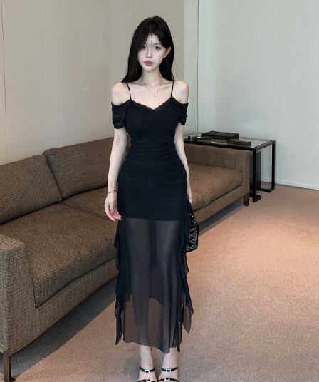 실사 순수한 욕망 바람 보라색 슬립 오프숄더 여성 드레스 허리 수축 슬림해 보이는 주름 망사 인어 꼬리 롱 코트 드레스