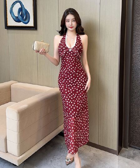 실사 행침 목 도트 무늬 망사 패치워크 허리 수축 슬림해 보이는 품격 명문 여성 바람 몸매 가꾸기 타이트 스커트 롱 코트 드레스