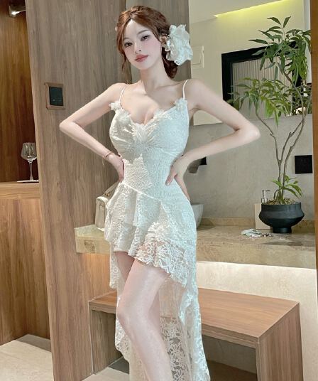실사 순수한 욕망 바람 레이스 슬립 드레스 3 차원 꽃 허리 수축 슬림해 보이는 제비꼬리 불규칙 케이크 드레스