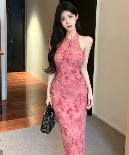 실사 새로운 중식 보라색 개선 치파오 여성 드레스 여름 고급 센스 섹시함 순수한 욕망 행침 목 타이트 스커트 롱 스커트