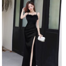 批发实拍羽毛吊带晚<b class='q'>礼服</b>高级感气质开叉鱼尾长裙性感宴会主持人连衣裙