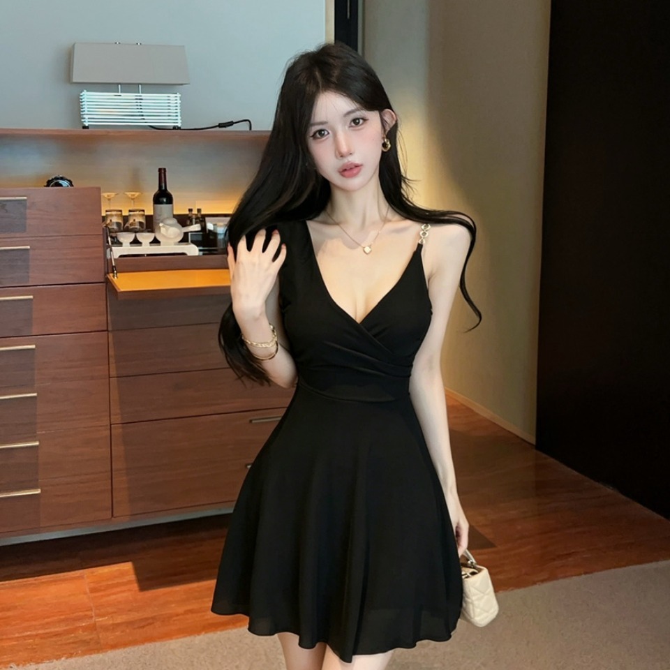 실사 순수한 욕망 바람 v 칼라 슬립 여성 드레스 허리 수축 슬림해 보이는 품격 핫걸 a 단어 미니 스커트