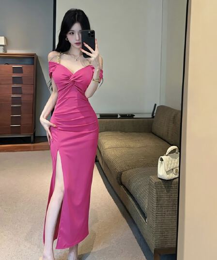 실사 빛 요리 한 바람 체인 오프숄더 드레스 몸매 가꾸기 슬림해 보이는 트임 타이트 스커트 롱 스커트 야간 필드 기술자 이브닝 드레스