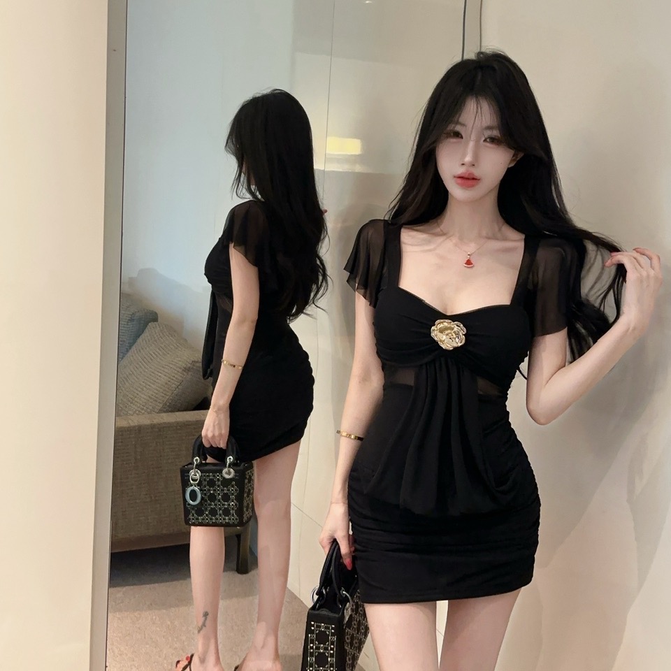 실사 순수한 욕망 바람 광장 칼라 망사 패치워크 드레스 섹시함 낮은 가슴 허리 수축 몸매 가꾸기 타이트 스커트 미니 스커트