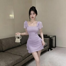 批发实拍纯欲方领泡泡短袖连衣裙女网纱褶皱收腰荷叶边包臀短裙辣妹裙