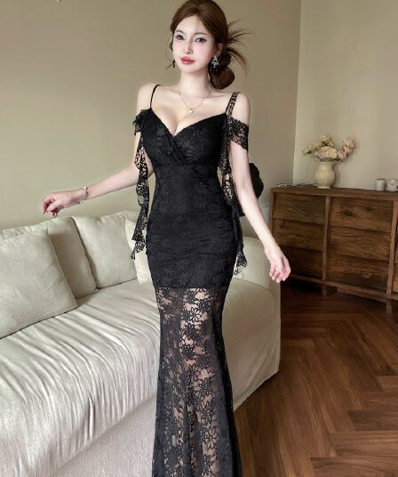 실사 순수한 욕망 바람 오프숄더 레이스 리본 드레스 허리 수축 시스루 인어 꼬리 롱 코트 품격 데이트 예복 치마