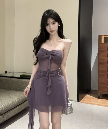 실사 오프숄더 튜브탑 순수한 욕망 바람 치마 시스루 망사 허리 수축 불규칙 밑단 보라색 섹시함 미니 스커트