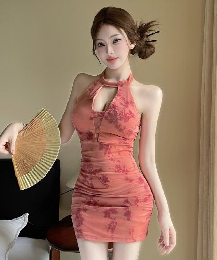 실사 새로운 중식 행침 목 꽃무늬 타이트 스커트 미니 스커트 여성 순수한 욕망 홀로우 아웃 주름 허리 수축 분위기 센스 개선 치파오 드레스