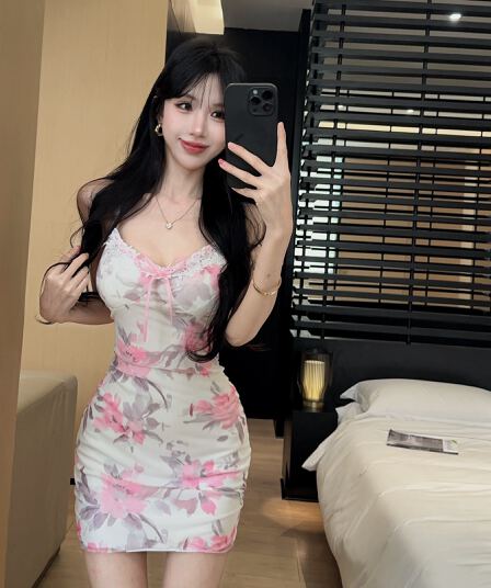 실사 레이스 나비 매듭 V넥 슬립 드레스 수묵화 프린트 측면 펌프 Pleat 허리 수축 타이트 스커트 순수한 욕망 미니 스커트