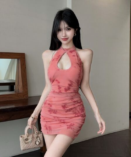 실사 새로운 중식 행침 목 여성 드레스 홀로우 아웃 망사 프린트 주름 몸매 가꾸기 타이트 스커트 민소매 핫걸 미니 스커트