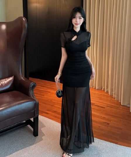 실사 국풍 스탠드 칼라 물방울 홀로우 아웃 치파오 드레스 반팔 망사 시스루 인어 꼬리 몸매 가꾸기 품격 모임 드레스