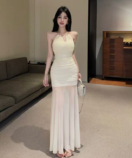 실사 금속 행침 목 드레스 가슴 녹아웃 주름 타이트 스커트 망사 패치워크 인어 꼬리 롱 코트 연회 예복 치마