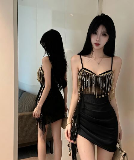 실사 분위기 센스 슬립 예복 상체 스팽글 술 장식 펌프 로프 주름 불규칙 리본 드레스