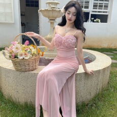 批发实拍吊带立体花朵礼服<b class='q'>长裙</b> 心形领褶皱高开叉弹力修身<b class='q'>网纱</b>连衣裙