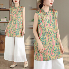 批发实拍2026夏季新款印花复古中式国风无袖<b class='q'>T</b><b class='q'>恤</b>宽松遮肚子洋气上衣