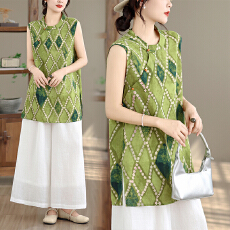 批发实拍2026夏季新款印花复古中式国风无袖<b class='q'>T</b><b class='q'>恤</b>宽松遮肚子洋气上衣