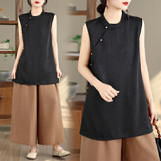 批发实拍2026夏季新款提花黑色复古中式国风无袖<b class='q'>T</b><b class='q'>恤</b>宽松洋气上衣