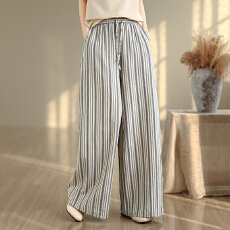 批发实拍2026新款混纺亚麻文艺宽松显瘦条纹阔腿<b class='q'>裤</b>
