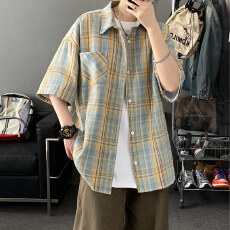 批发2025夏季新款潮牌格子短袖衬衫男英伦格品质宽松<b class='q'>日系</b><b class='q'>复古</b>高街上衣