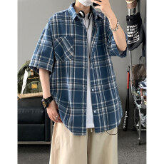 批发夏季新款潮牌<b class='q'>复古</b>格子短袖衬衫男<b class='q'>日系</b>简约百搭学院风衬衣外套