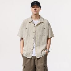 批发老钱风复古亚麻条纹提花<b class='q'>短袖</b><b class='q'>衬衫</b><b class='q'>男士</b>夏季新款棉麻休闲<b class='q'>衬衣</b>