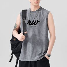 批发夏季新款230g重磅纯棉洗水背心男印花纯色宽肩无袖运动坎肩