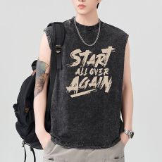 批发夏季新款美式潮牌重磅纯棉洗水背心男印花纯色宽肩无袖运动坎肩