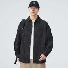 批发实拍2025秋季新款长袖衬衫男<b class='q'>日系</b><b class='q'>复古</b>宽松纹理感纯色翻领百搭休闲