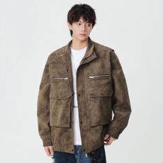 批发实拍秋季新款皮衣外套男士<b class='q'>日系</b><b class='q'>复古</b>宽松工装立领多口袋百搭夹克