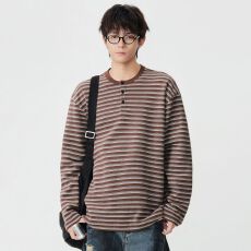 批发实拍2025秋<b class='q'>冬</b>季条纹长袖T恤卫衣男日系复古半开衫潮流百搭打底衫