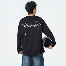 批发实拍秋季新款长袖T恤男重磅迪桑麻宽松休闲圆领潮牌印花速干t