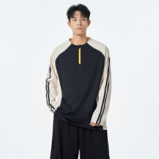 批发实拍秋季新款长袖T恤男潮牌速干拼接款休闲圆领半拉链运动T