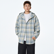 批发实拍秋季新款长袖格子衬衫男连帽宽松潮流百搭帅气休闲外套男