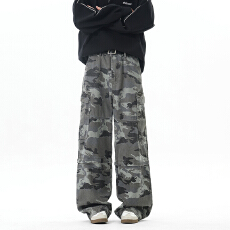 批发实拍秋冬新款潮牌美式工装迷彩休闲牛仔裤男女中性款大口袋加长款