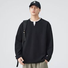 批发实拍2025秋冬新款长袖纯色假两件v领卫衣男宽松<b class='q'>日系</b><b class='q'>复古</b>打底衫