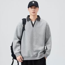 批发实拍2025秋冬新款翻领套头卫衣男<b class='q'>日系</b><b class='q'>复古</b>潮牌v领打底衫情侣款