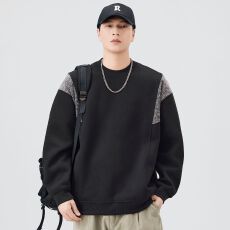 批发实拍2025秋冬新款圆领卫衣男宽松<b class='q'>日系</b><b class='q'>复古</b>拼接套头打底衫潮流百搭